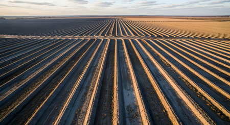 An aerial view of a vast agricultural field featuring deep, precise furrows arranged in a geometric pattern. The low-angle sunlight casts long shadows, highlighting the texture and scale of industrial farming.の素材