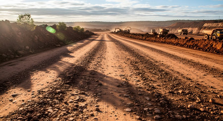 A wide, dusty haul road in an open-pit mine stretches towards the horizon where heavy trucks transport ore. The warm light of the setting sun highlights the tire tracks and the vast scale of the mining operation.の素材