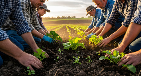 A diverse group of people kneeling in a row, planting young green seedlings into the soil of a large field at sunset. The image illustrates community farming, teamwork, and sustainable agricultural practices.の素材