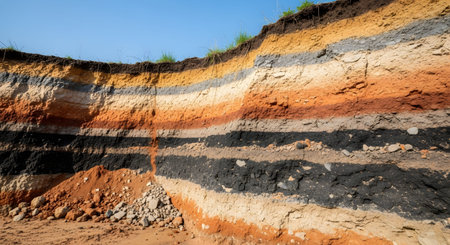 A vertical cross-section of a cliff face reveals distinct, colorful layers of soil and sedimentary rock. The stratification includes bands of red, orange, black, and beige earth, showcasing geological history and sediment deposition.の素材