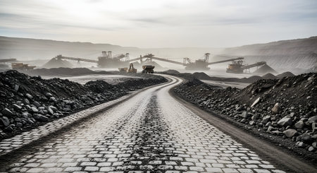 A vast industrial landscape of an open-pit mine featuring a cobblestone road leading toward massive excavators and conveyor systems. The dusty environment highlights the scale of resource extraction and heavy engineering.の素材