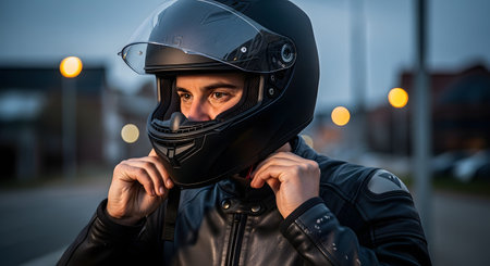 A motorcyclist wearing a leather jacket prepares for a ride by fastening the strap of a black full-face helmet against a backdrop of city lights at dusk. The image emphasizes rider safety, preparation, and urban motorcycle culture.の素材
