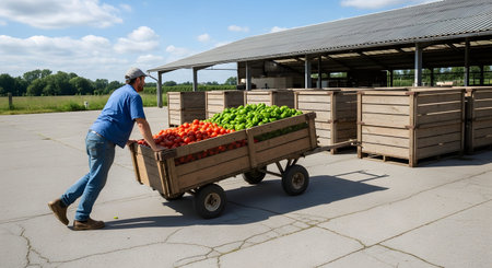 A warehouse worker pushes a rustic wooden cart overflowing with fresh red tomatoes and green peppers outside a storage facility. The scene depicts the agricultural supply chain, harvest distribution, and the abundant yield of fresh vegetable crops ready for market.の素材
