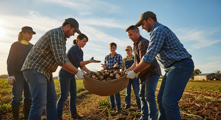 A diverse group of smiling farmers collaborates to lift a heavy burlap sack filled with freshly harvested root vegetables in a sunny field. The scene represents teamwork, agricultural abundance, and the joy of a successful harvest season.の素材