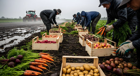 A group of farm workers in rain gear harvesting carrots and potatoes in a muddy field during wet weather. Wooden crates are filled with fresh produce, highlighting the resilience and hard work required in agriculture.の素材