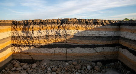 A clear geological profile of soil strata revealed in an excavation pit, showing distinct horizontal layers of yellow, brown, and black earth. The cracked texture and color variations illustrate sedimentary deposition over time.の素材