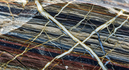 A close-up texture of banded rock formation displaying distinct layers of red, grey, and black minerals intersected by white quartz veins. The complex geological pattern illustrates the processes of sedimentation and metamorphic pressure.の素材