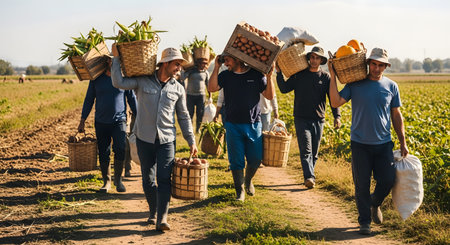 A group of happy farmers walks along a dirt path carrying heavy woven baskets filled with harvested corn, potatoes, and pumpkins. The scene represents a bountiful harvest, teamwork, and the fruits of agricultural labor.の素材