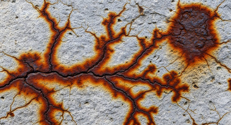 Detailed texture of a grey stone surface marked with branching, rust-colored dendritic patterns. The natural oxidation creates a fern-like design, offering a unique abstract background of geological weathering.の素材