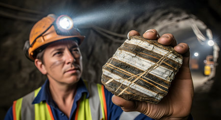 A miner wearing a helmet and headlamp holds up a rock sample with distinct sedimentary layers inside a dark mine tunnel. The image focuses on mineral exploration and the geological details of the ore.の素材