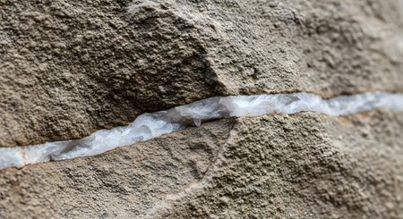 A macro shot details the rough texture of a rock surface split by a distinct white quartz vein. The contrast between the crystalline mineral line and the grainy stone highlights geological formation and natural patterns.の素材
