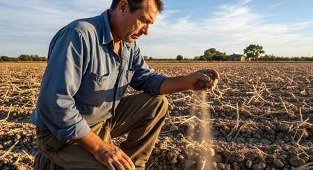A concerned farmer crouches in a dry field, sifting dusty soil through his fingers. The image depicts the challenges of agriculture, such as drought or soil quality assessment.の素材