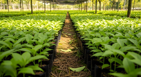 Neat rows of young green tree seedlings grow in black plastic nursery bags under a shaded structure. The image depicts reforestation efforts, commercial plant nurseries, or agricultural propagation.の素材