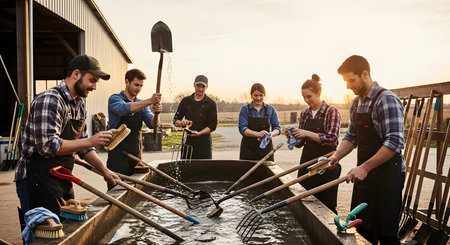 A group of smiling farm workers washes shovels, pitchforks, and brushes in a large water trough at the end of the day. The golden sunset light illuminates the scene, highlighting teamwork and the completion of agricultural labor.の素材