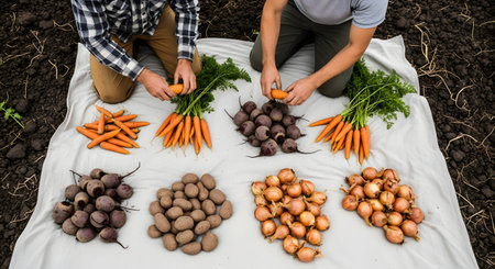 A top-down view captures the hands of two farmers organizing piles of root vegetables like carrots, beets, potatoes, and onions on a white cloth. This perspective highlights the diversity of the harvest and the hands-on nature of agricultural work.の素材