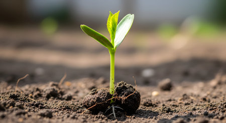 A single young seedling with bright green leaves pushes up through dark, crumbly soil in a macro shot. The image symbolizes new beginnings, growth, potential, and the resilience of nature.の素材