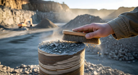 A close-up of a worker's hand using a brush to clean dust off a cylindrical rock core sample at a mining site. In the background, heavy machinery operates in the quarry, emphasizing the exploration and analysis phase of mining.の素材