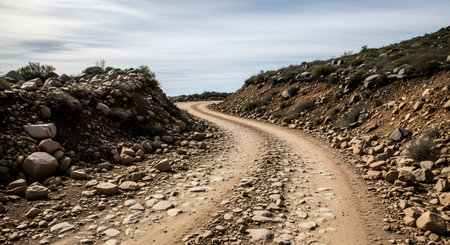 A winding dirt road cuts through a rocky, arid landscape covered in sparse scrub vegetation. The curved path leads the eye through the rugged terrain under a cloudy sky, symbolizing travel and adventure.の素材
