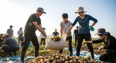 A group of farmers works together in a field harvesting potatoes, with two men lifting a heavy sack while others sort the produce on a blue tarp. The scene depicts communal labor and the agricultural harvest season.の素材