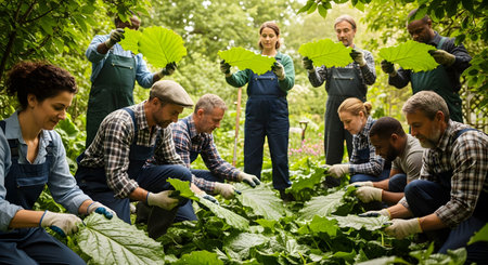 A diverse group of gardeners or researchers wearing overalls inspects large green leaves in a lush garden setting. The scene conveys collaboration, botanical study, and agricultural education.の素材