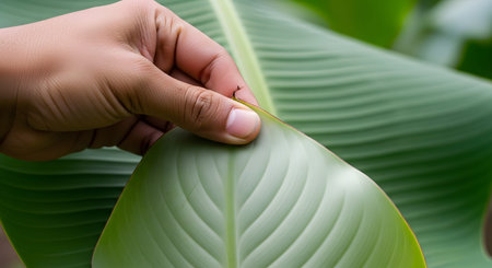 A person's hand holds and inspects the edge of a large, vibrant green banana leaf. The close-up emphasizes the intricate vein structure and smooth, waxy texture of the tropical foliage.の素材