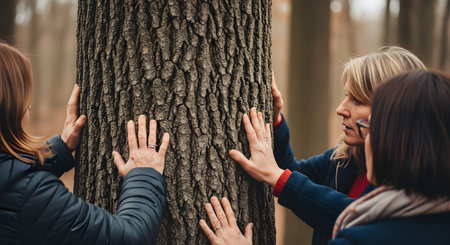 Three women stand around a large tree trunk, placing their hands on the rough bark in a gesture of connection with nature. The scene takes place in a forest, evoking themes of environmental awareness and grounding.の素材
