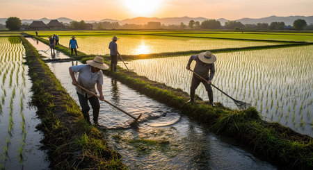 A group of farmers wearing traditional conical hats work in a flooded rice paddy field using hand tools during a golden sunset. The scenic landscape features water reflections and distant mountains, capturing the essence of rural agricultural life in Asia.の素材
