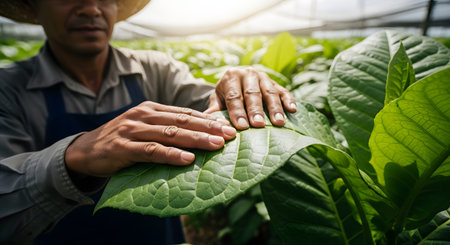 A farmer wearing a straw hat inspects the texture and quality of a large, green tobacco leaf in a field. His hands gently touch the veins of the plant, checking for health and maturity.の素材