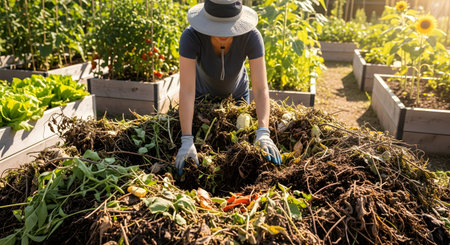 A woman wearing a hat and gloves bends over a compost pile in a sunny garden, mixing organic waste with soil. Raised garden beds with sunflowers and vegetables are visible in the background.の素材
