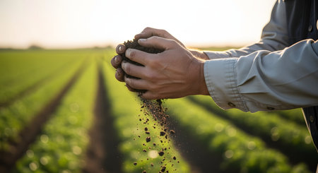 A close-up of a farmer's hands holding and sifting dark, fertile soil against a backdrop of a green field during sunset. The image captures the essence of agricultural care and soil health assessment.の素材