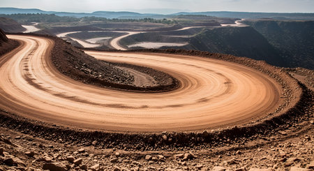 A wide, winding dirt haul road curves through the terraced landscape of a massive open-pit mine. The scene highlights the scale of industrial excavation and the infrastructure required for transporting extracted minerals.の素材