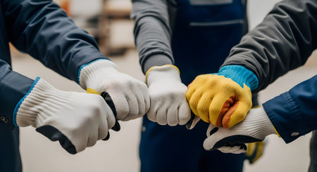 A circle of workers' hands wearing various protective safety gloves joined together in a gesture of teamwork and unity. The image symbolizes collaboration and safety culture in an industrial or construction setting.の素材