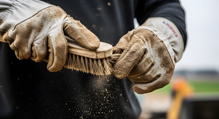 Close-up of a worker wearing thick leather safety gloves brushing dust off a wooden-handled brush or tool, creating a cloud of particles in the air. The image captures the gritty reality of manual labor and maintenance.の素材