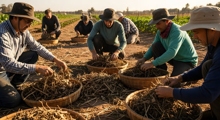 A group of farm workers kneels in a field, sorting dried harvested crops into woven baskets under the late afternoon sun. The image depicts teamwork, manual labor, and the traditional methods of agricultural harvesting.の素材