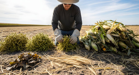 A farmer kneels in a harvested field, inspecting a pile of soybean pods next to a stack of corn cobs. The scene highlights crop diversity, agricultural yield, and the hard work of the harvest season.の素材