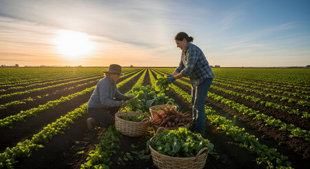 Two female farmers harvest fresh leafy greens into woven baskets in a vast agricultural field at sunrise. The neatly planted rows of crops extend toward the horizon, bathed in the warm glow of the morning sun.の素材