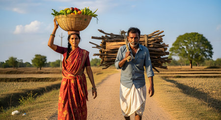 A rural Indian couple walks down a dirt road; the woman carries a basket of fresh vegetables on her head, while the man carries a heavy bundle of firewood on his shoulder. The scene depicts traditional village life and agricultural labor.の素材