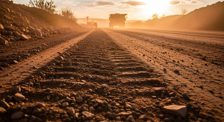 A low-angle shot highlights deep tire tracks in the red dirt of a mining road, leading toward the silhouette of a large haul truck at sunset. Dust hangs in the air, emphasizing the rugged industrial environment.の素材