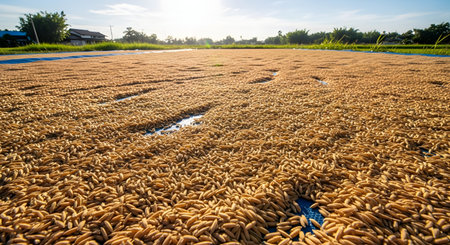 Large quantities of golden rice grains are spread out on a blue tarp to dry in the sun in a rural field. This agricultural scene depicts the post-harvest process and traditional farming methods.の素材