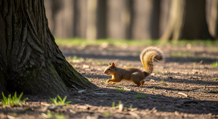 A cute red squirrel stands on the forest floor near a large tree trunk, illuminated by dappled sunlight. Its fluffy tail is raised as it looks alertly across the woodland ground.の素材