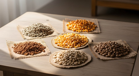Various dried food staples including corn, beans, and sunflower seeds arranged in neat piles on burlap squares. The composition sits on a wooden table, representing agricultural abundance.の素材
