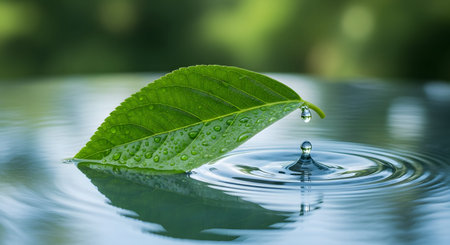 A green leaf tip gently touching a calm water surface, causing a single droplet to drip and create ripples. The image evokes a sense of zen, purity, and connection with nature.の素材