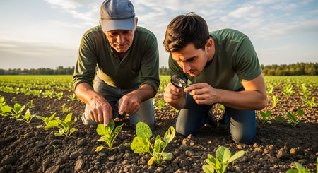 Two farmers, an older and a younger man, kneel in a field to inspect young seedlings using a magnifying glass. The image depicts agricultural mentorship, pest monitoring, and careful crop management.の素材