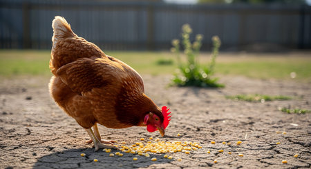 A brown hen pecks at a pile of yellow corn seeds on dry, cracked earth. The scene depicts free-range feeding in a farm environment with a blurred fence in the background.の素材