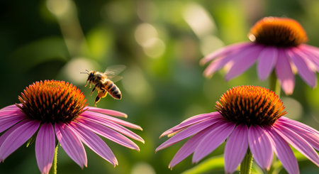 A close-up action shot of a honeybee flying towards a vibrant purple coneflower (Echinacea) to collect pollen. The background is a soft green blur, highlighting the insect and the blooming flowers.の素材