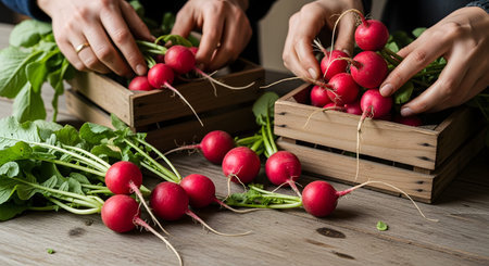 Close-up of hands arranging freshly harvested red radishes into wooden crates. The vegetables have bright red roots and fresh green leafy tops, signifying a healthy farm-to-table harvest.の素材
