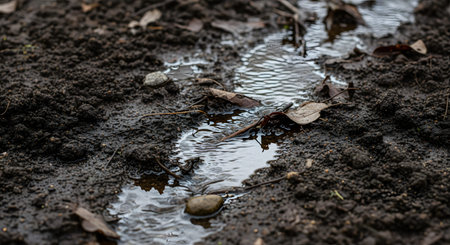 A close-up view of a small stream of water flowing through a channel in rich, dark garden soil. The water reflects the sky, and fallen brown leaves add organic texture to the muddy, wet ground, suggesting irrigation or recent rain.の素材