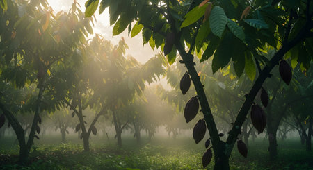 A cacao plantation is filled with trees bearing dark pods, shrouded in a soft, misty morning sunlight. The atmospheric lighting filters through the leaves, highlighting the agricultural setting of chocolate production.の素材