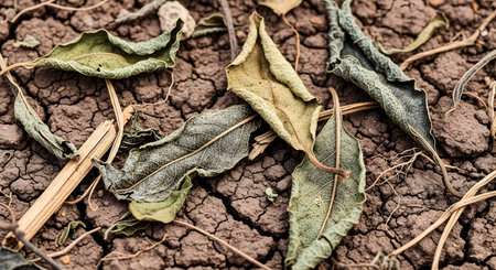 Dry, curled leaves lie scattered on a surface of parched, cracked earth, symbolizing severe drought conditions. The texture of the arid soil and brittle foliage highlights the environmental impact of water scarcity.の素材