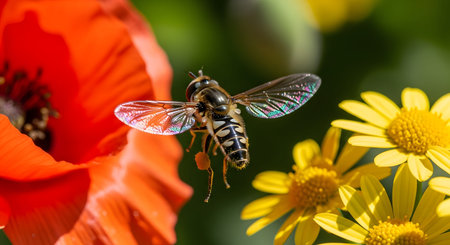 A macro shot captures a hoverfly in mid-flight approaching a red poppy flower and yellow daisies. The insect's wings are frozen in motion, highlighting the intricate details of pollination in a sunny garden.の素材